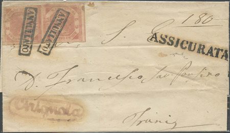 Lettera Assicurata da Cerignola per Trani, affrancata per 4gr con due...