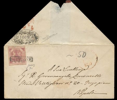 Lettera da Rodi a Napoli affrancata con un 2gr N.7c Rosa Carminio. Il...