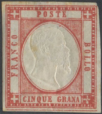 1861, 5gr. N.21 Rosso Carminio con filetto di inquadratura in basso completo...