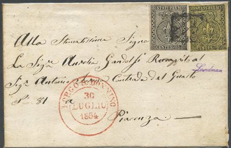 30.07.1854, lettera da B. S. Donnino per Piacenza affrancata per 15c. Tramite...