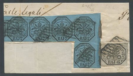 Frammento di lettera con striscia di 5 ''a seggiola'' del 7b. N.8 Azzurro...