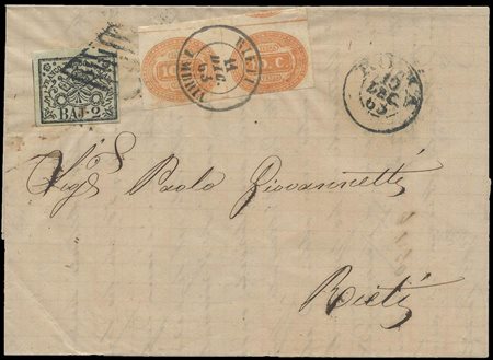 Lettera da Roma a Rieti affrancata con 2baj N3Aa Bianco Verdastro tassata in...