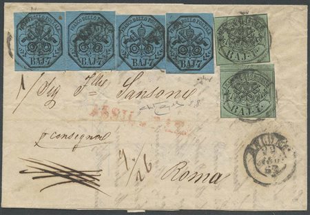 Lettera assicurata da Ancona per Roma affrancata con due 1b. N.2 Verde...