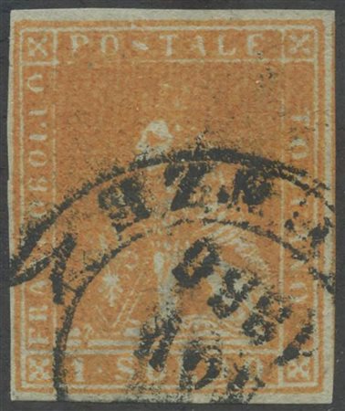 1851, 1s. N.2 Ocra su Grigio, usato. Di ottimo aspetto, invisibile piega...