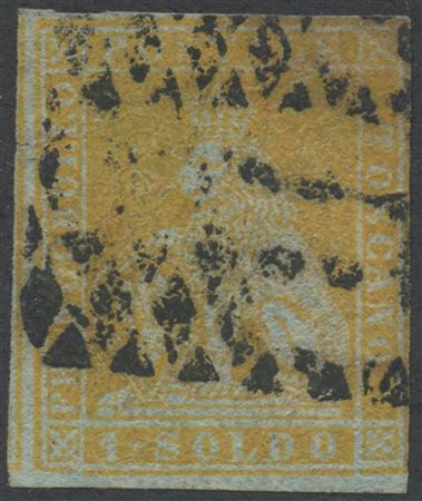 1851, N.2a Giallo Limone su Azzurro, usato. Appena toccato nel margine...