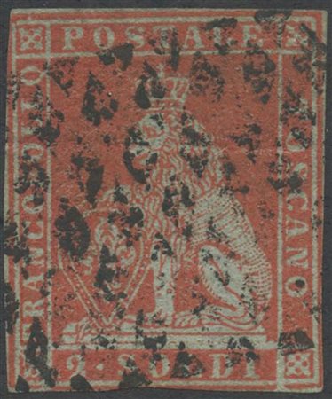 1851, 2s. N.3 Scarlatto su Azzurro, usato. (B) (Cert. E. Diena) (Cat.15.000)