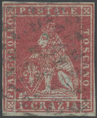 1851, 1cr. N.4 Carminio Chiaro su Grigio, Usato. (A) (Raybaudi) (Cat.250++)