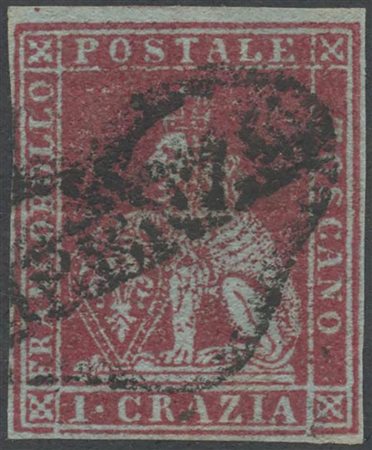 1851, 1cr. N.4d Carminio su Grigio con annullo a cuore di Firenze. (A)...