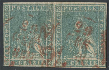 1857, 2cr. N.13 in coppia. Annullo ''a Banderuola'' di Livorno in Rosso....