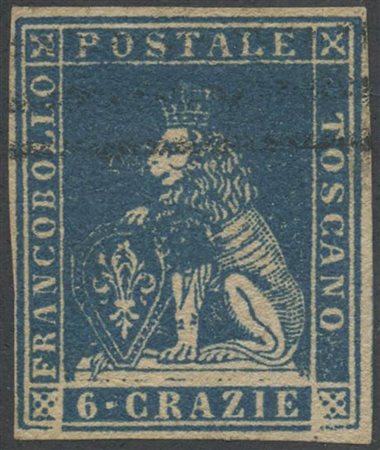 1857, 6cr. N. 15b Azzurro Cupo, usato. Interessante D.C. (A+) (Cat.450++)