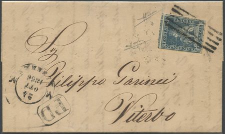 24.10.1856, Lettera da Firenze per Viterbo affrancata con un 6cr. N.7 Ardesia...