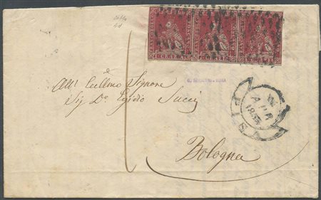 Lettera da Pisa per Bologna affrancata con una striscia di tre del 1Cr. N.4d,...