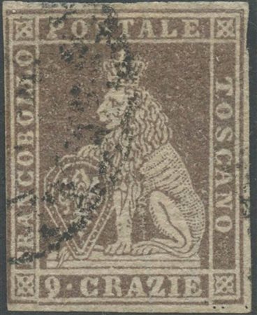 9cr. Bruno Lillaceo con filigrana linee ondulate N.16. 3 grandi margini, a...