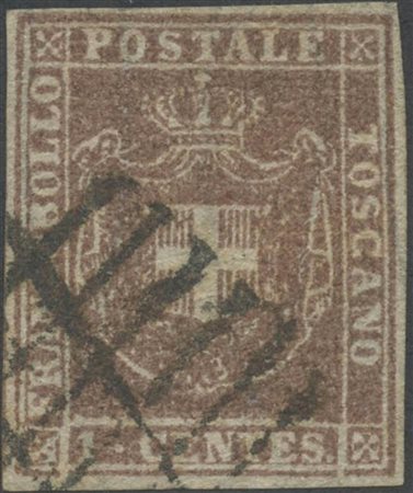 1860, 1c. N.17b bruno Lilla, usato. (chiaro). (A+) (Cat.1.500)