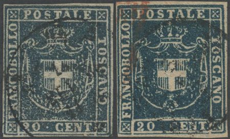 1860, 20c. N.20 in due diverse gradazioni di colore. (A+) (Cat.600++)