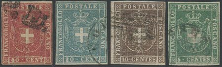 1860, 5c. Verde, 10c. Bruno con linea di riquadro a Sx, 20c Azzurro e 40c....