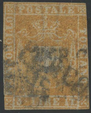 1860, 3L. N.23 Ocra Giallo, usato. (C) (Cert. A. Diena, Cert.BEHR) (Cat.220.000)