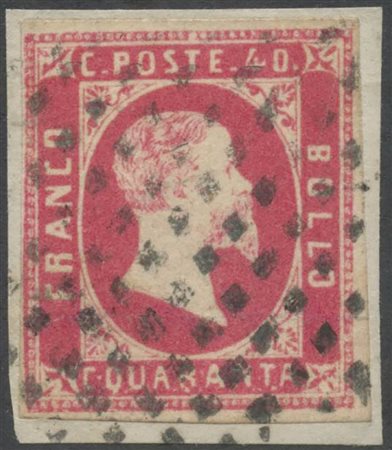 1851, N.3a Rosa Carminio Vivo I° Tiratua su piccolo frammento. Di ottimo...