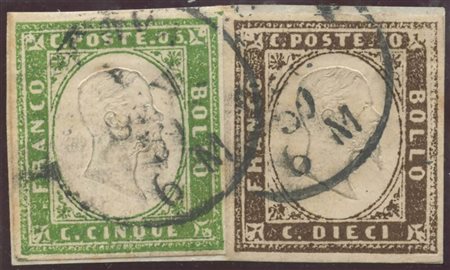 1859, Frammento bicolore composto da 5c. N.13Ad e 10c. N.14c Terra D'ombra...