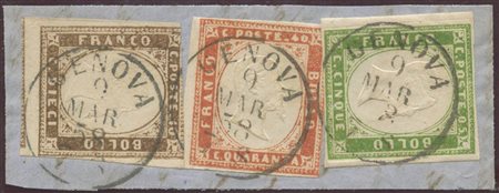 1858, Frammento tricolore composto da: 5c. N.13Af Verde giallo Chiaro, 10c....