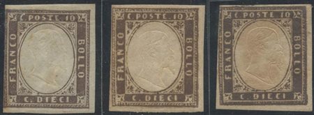 1858, 10c. In tre diverse interessanti tonalità, nuovi.(A-/B)