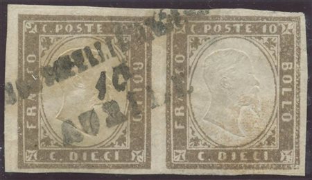 1860, Coppia di 10c. N.14B Bruno Grigio Olivastro annullata con il Lineare su...