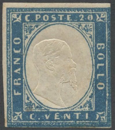 1855, 20c N.15b Cobalto Scuro, nuovo con linguella. Margine inferiore a filo,...
