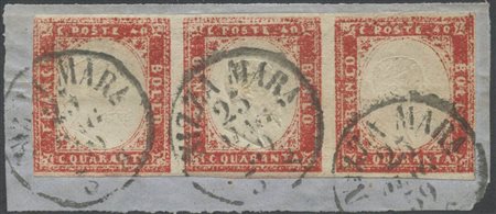 1859, 40c. N.16A (Rattone N.33c, Rosso Scarlatto Sanguigno) in striscia di...