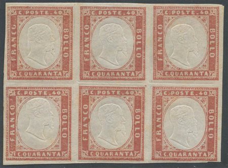 1859, 40c. N.16B Rosso Mattone in blocco di sei nuovo con gomma di cui 5...