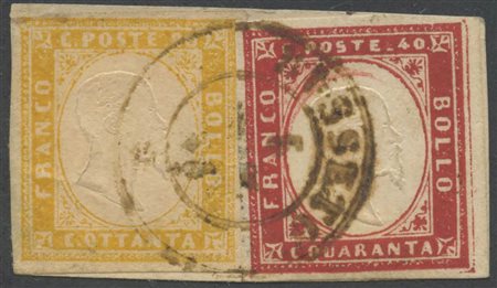 Frammento composto da 40c. N.16D Rosso Carminio, 80c. N.17B Giallo Arancio...