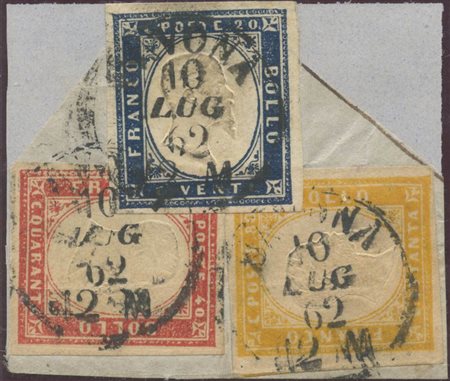 Frammento tricolore composto da 20c. N.15Dc Azzurro Oltremare, 40c. N.16D...