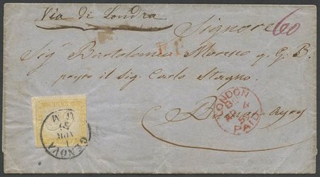 Lettera da Genova per Buenos-Ayres via di Londra, affrancata con un 80c N.17A...