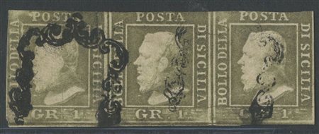 Striscia di tre dell'1gr Verde Oliva Grigiastro II tav. N.4. (C ) (Cat.2.000)