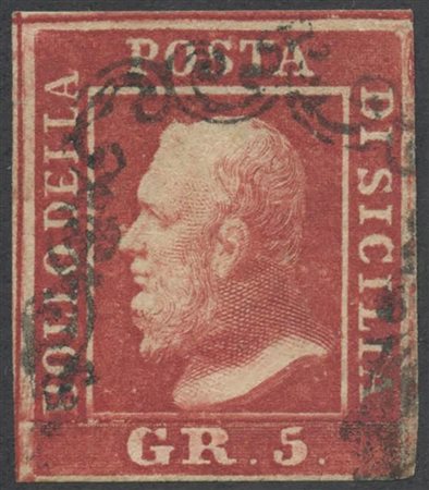 1859, 5gr. N.9b Carminio Scuro (I tav.), usato. (A+) (E. Diena, A. Diena,...