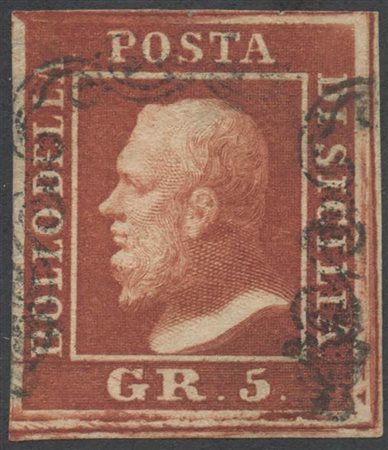 1859, 5gr. N.9d Rosso Brunastro (I tav), usato. Al retro si intravede una...