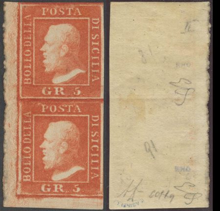 1859, 5gr. N. 11 Vermiglio (II tav.) in coppia angolo di foglio nuova con...