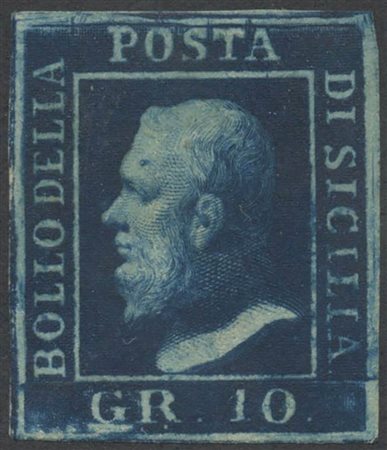 1859, 10gr. N.12 Azzurro Cupo nuovo con gomma, linguellato. Ritocco N.8...