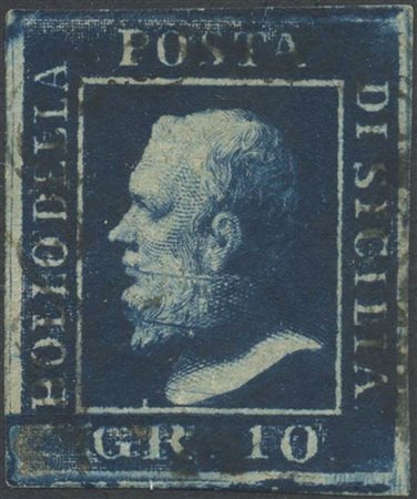 1859, 10gr. N.12 Azzurro Cupo, usato. Pos. 95 con i caratteristici graffi...
