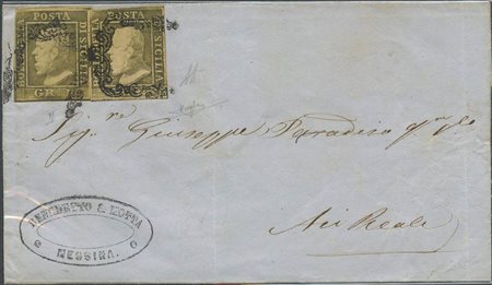 Lettera da Messina per Acireale affrancata per 2gr. Tramite due 1gr. N.4d...