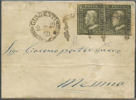 Lettera da Girgenti per Messina affrancata per 2gr. Tramite una coppia di 1gr...