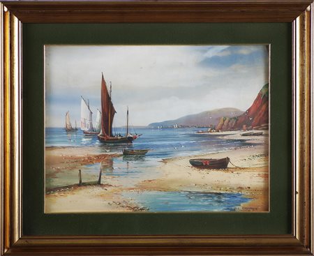 MONTAGUE P. Barche in riva. 1875. Tecnica mista su cartone. Cm 44,00 x 33,50....