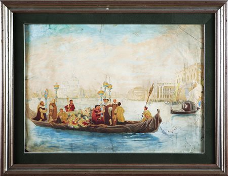 ANONIMO Gondola a Venezia. Acquerello e matita su carta. Cm 71,50 x 52,00. ....