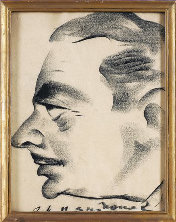 ANONIMO Profilo d'uomo con baffi. Carboncino su carta. Cm 20,00 x 27,50....