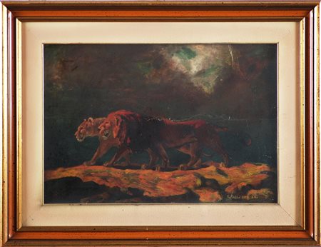 ANONIMO Leone e leonessa. 1814. Olio su faesite. Cm 50,00 x 36,00. Firma in...
