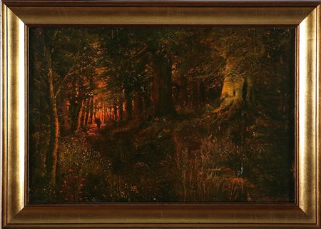 ANONIMO Foresta. Olio su tavola. Cm 76,00 x 50,00. Firma in basso a sinistra...