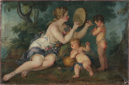 ANONIMO DEL XIX SECOLO Donna con tamburello e amore. Olio su tela. Cm 80,00 x...