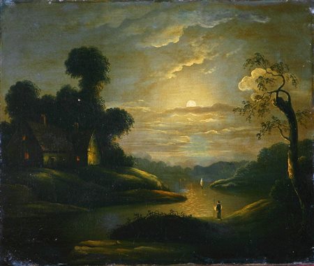 ANONIMO Paesaggio al chiaro di luna. Olio su tavola. Cm 61,00 x 51,00. Firma...
