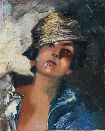 ANONIMO Fumatrice. Olio su tavola. Cm 27,00 x 32,60.