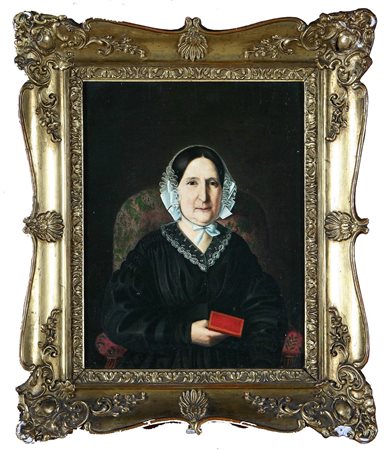 ANONIMO Ritratto di signora con cuffietta bianca. Olio su tela . Cm 21,60 x...