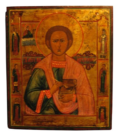 ANONIMO San Pantaleone Martire. tempera su tavola. Cm 26,50 x 31,00. Fondo...